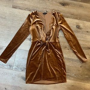 Velvety golden brown long sleeved mini dress